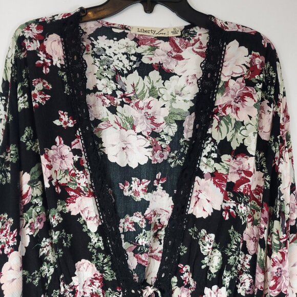 Libery Love Black/Pink Floral Print Tie Front Lace Edge Wmns Sz XL Kimono Blouse - Picture 3 of 15